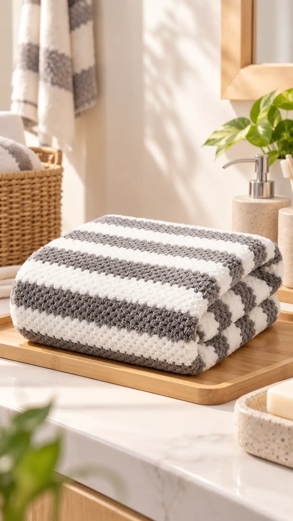 Miniso Lisanslı Çizgili Mercan Polar Banyo Havlusu 140 x 70 cm – Gri Ultra Yumuşak