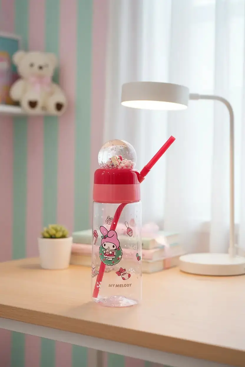 Sanrio Lisanslı My Melody Yılbaşı Koleksiyonu Pipetli ve Kristal Küreli Şişe – Eğlenceli Pembe Matara