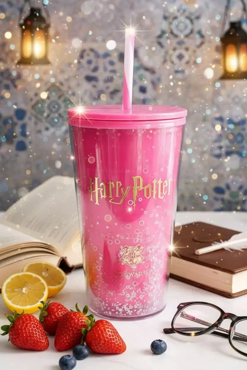 Harry Potter Lisanslı Pipetli Plastik Şişe – 600ml Sızdırmaz Pembe Tasarımlı Pipetli Matara