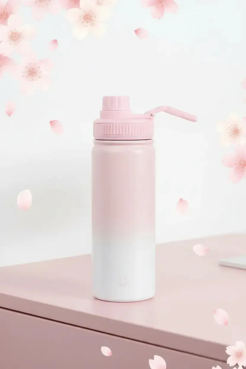 Miniso Lisanslı Sakura Serisi Pembe Çift Cidarlı Tutacaklı Çelik Matara 550 Ml
