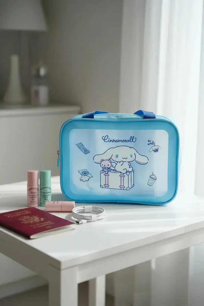 Sanrio Lisanslı Cinnamoroll Seyahat Çantası - PU Deri ve PVC Detaylı Fonksiyonel Kozmetik Çantası