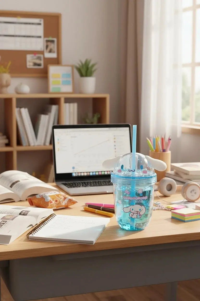 Sanrio Lisanslı Cinnamoroll Tatlı Fabrikası Serisi Kulak Detaylı Pipetli Su Şişesi 435 ml