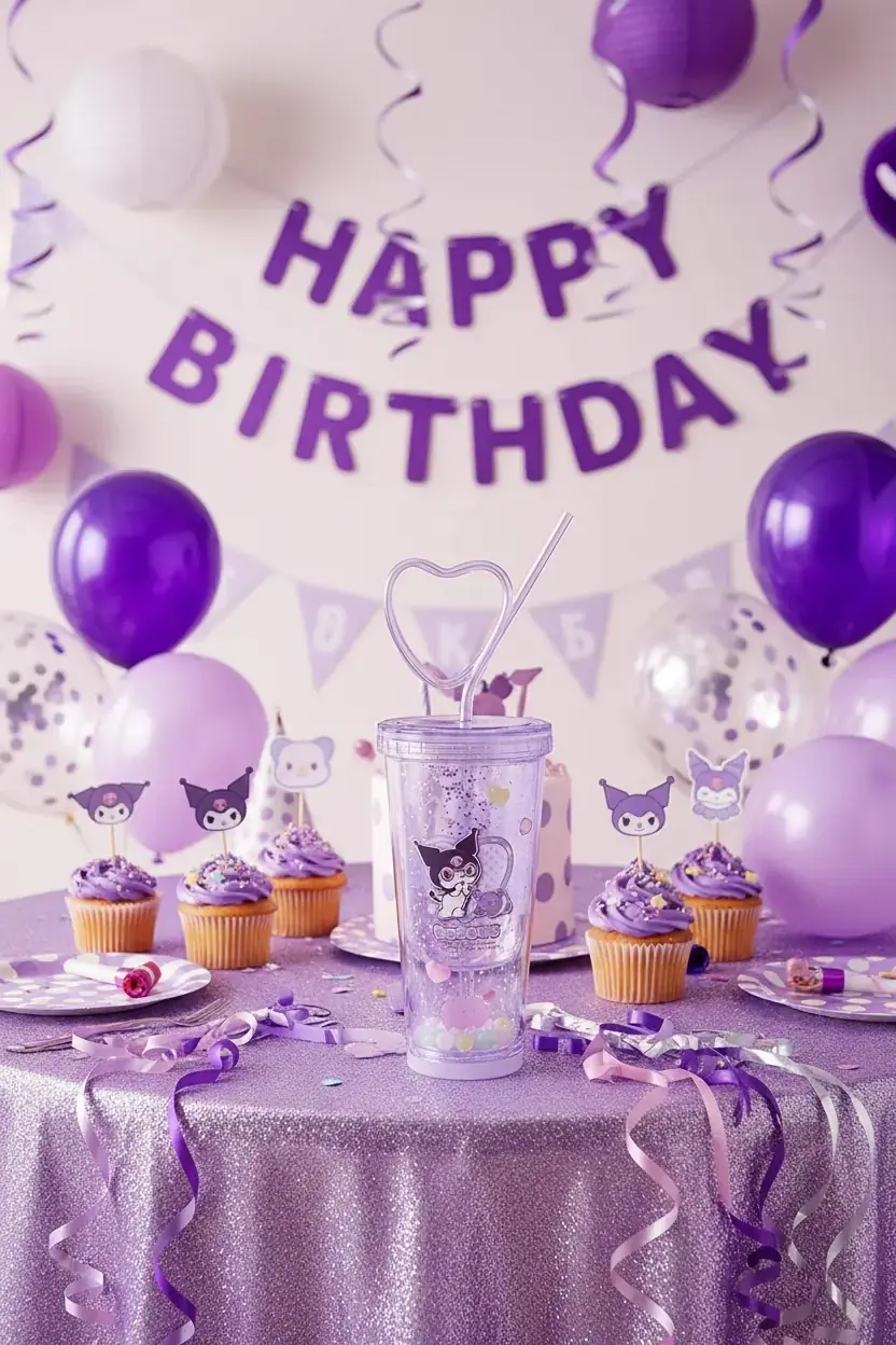 Sanrio Lisanslı Kuromi Tatlı Fabrikası Serisi Kalp Pipetli Çift Duvarlı Plastik Şişe 440 ml