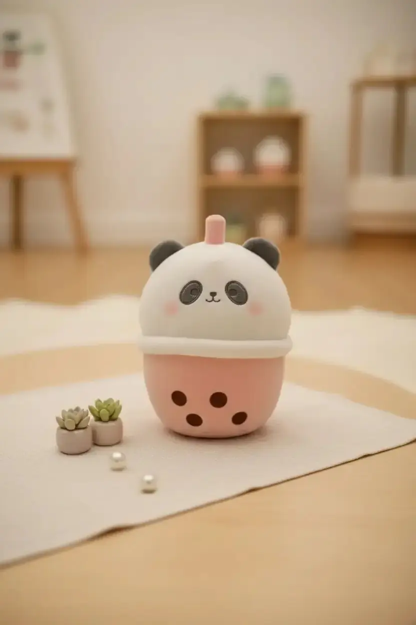 Miniso Lisanslı Panda Sütlü Çay Peluş Oyuncak – Yumuşak Uyku Arkadaşı ve Dekoratif Figür 37 Cm