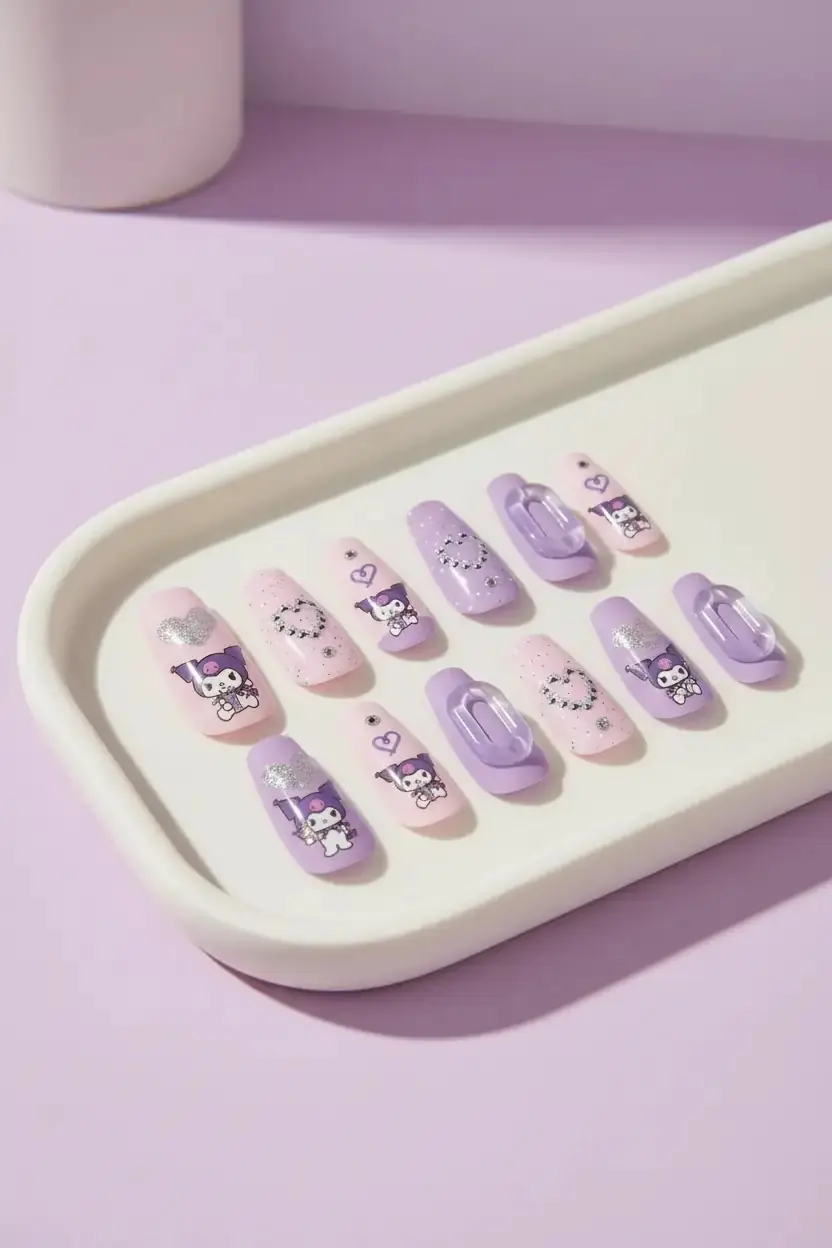 Sanrio Lisanslı Kuromi Jel Yapışkanlı Takma Tırnak Mor ve Pembe Şık Tasarım Model 05