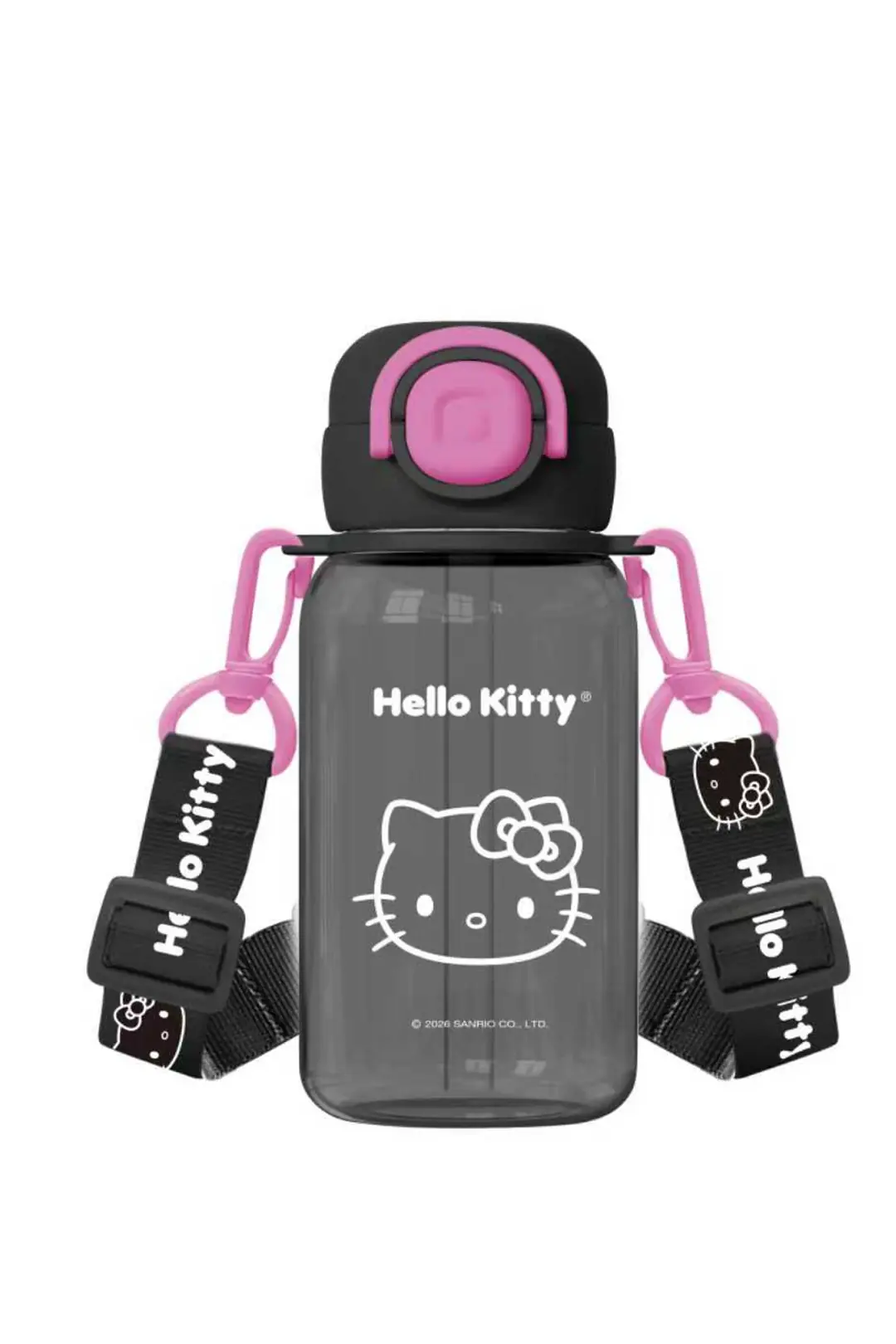 Hello Kitty Siyah Beyaz Serisi Askılı Pipetli Plastik Matara