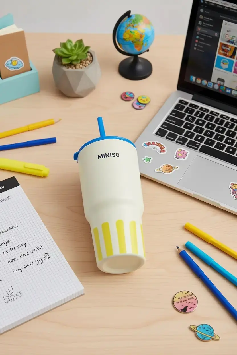 Miniso Lisanslı Çizgili Pipetli Çelik Matara – Sızdırmaz