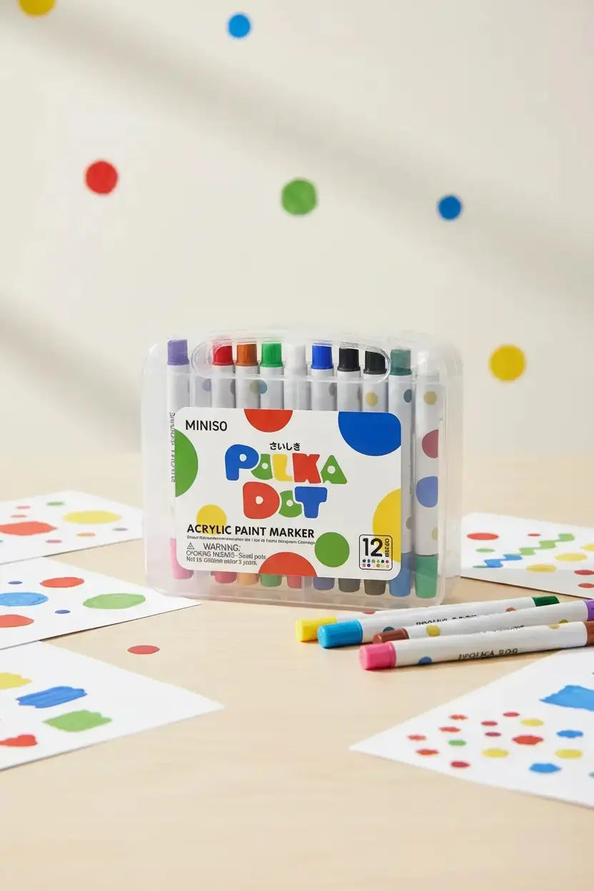Miniso Lisanslı Polka Dot Akrilik Boya Kalem Seti 12 Renk – Su Bazlı Canlı Hobi Kalemleri