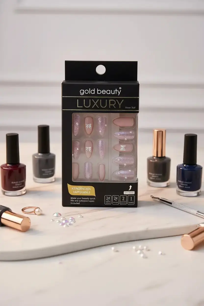 Gold Beauty Taşlı Takma Tırnak – Kendinden Yapışkanlı ve Zarif Detaylı Pratik Set