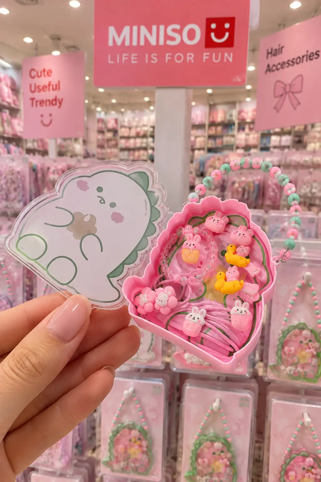 Miniso Lisanslı Lovely Serisi Küçük Dinozor Figürlü Toka Seti – İnci Saplı Çantalı ve Renkli Saç Aksesuarı