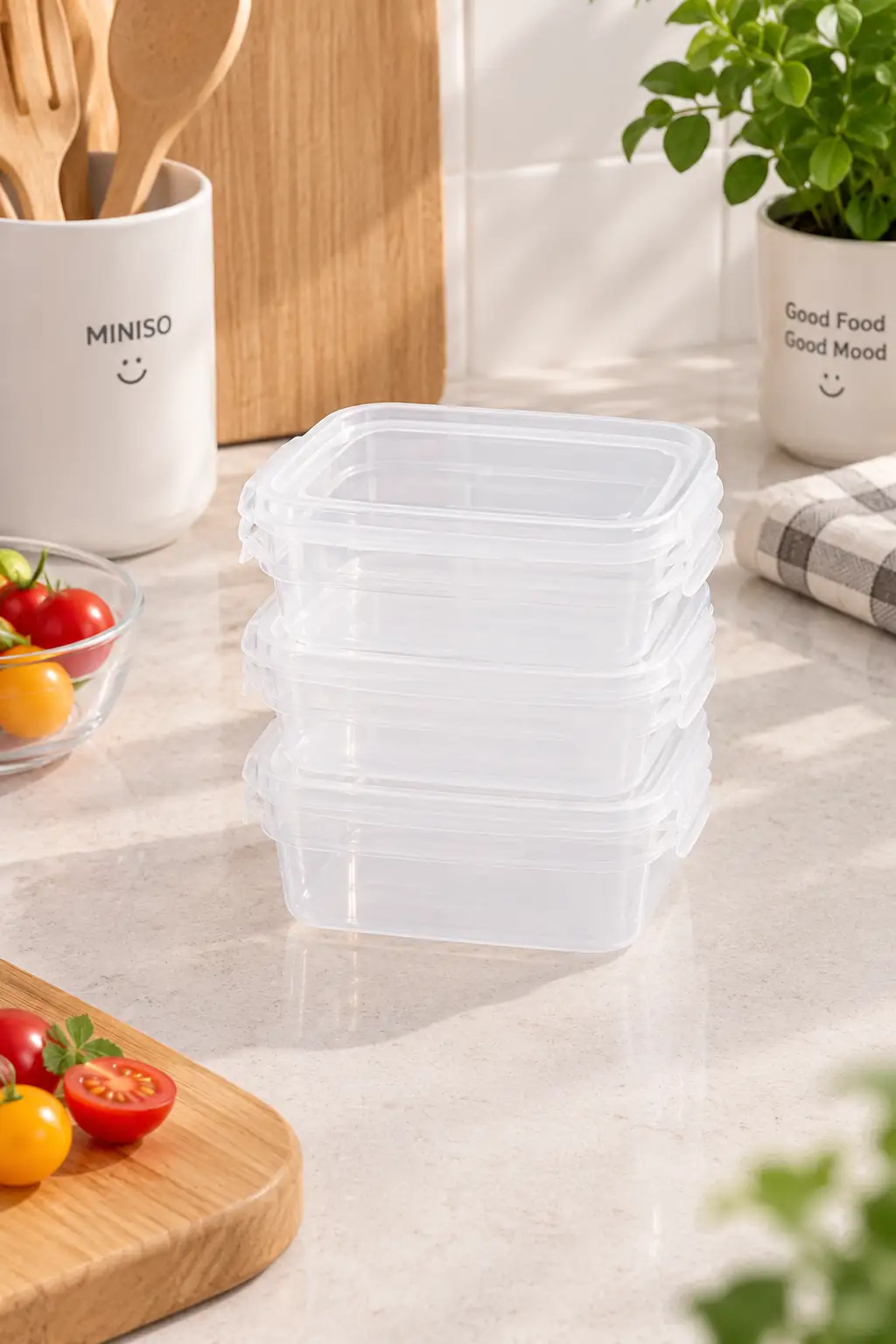 Miniso Lisanslı Şeffaf Beyaz Kare Yemek Kabı Seti 4’lü 270 Ml