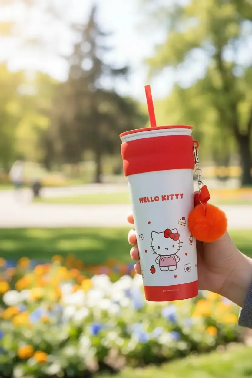 Sanrio Lisanslı Hello Kitty Matara 21 Cm – Pipetli Paslanmaz Çelik Charm Detaylı