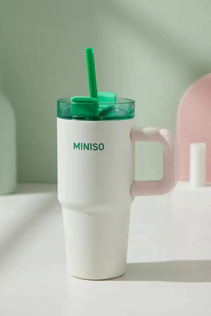Miniso Lisanslı Çizgili Tutamaklı Çelik Şişe – Pipetli Tasarım