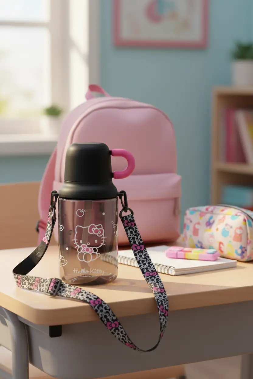 Hello Kitty Siyah Beyaz Serisi Askılı Plastik Matara (680 mL
