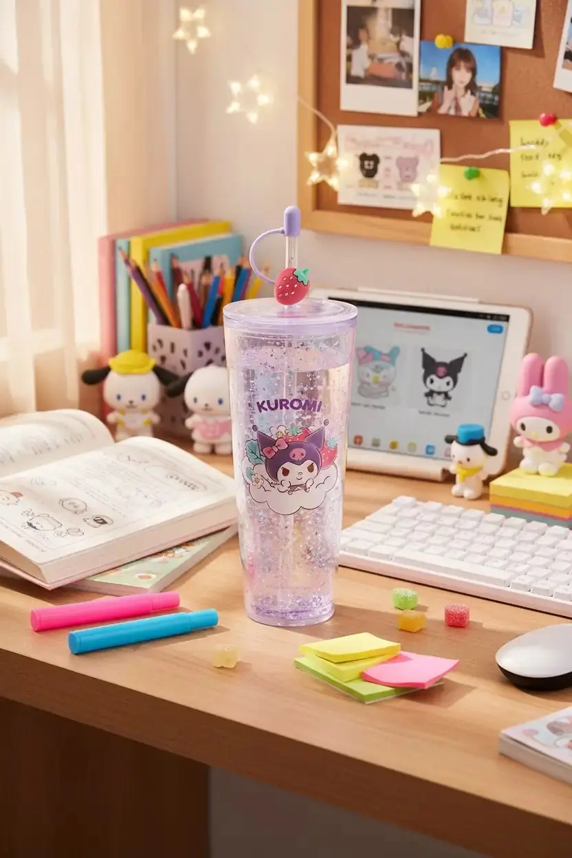 Sanrio Lisanslı Kuromi Çift Cidarlı Pipetli Plastik Şişe 800 ML 29,5 Cm