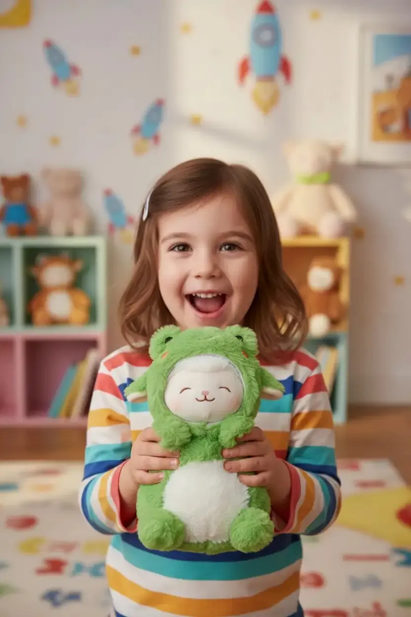 Miniso Lisanslı Kostümlü Kuzu Peluş Oyuncak Kurbağa Tasarımlı Yumuşak Figür 25 cm