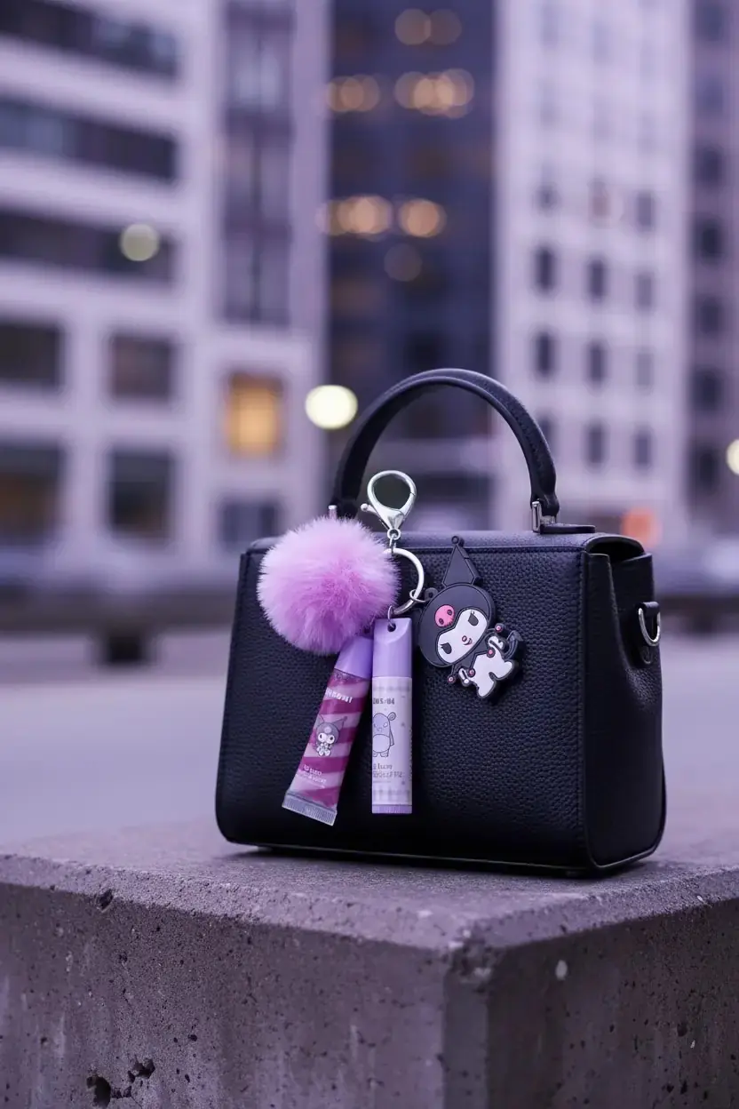 Sanrio Lisanslı Ponpon Anahtarlıklı Dudak Bakım Seti - Kuromi