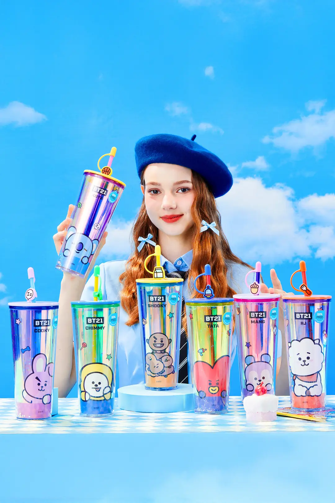 BT21 Lisanslı Tata Çift Cidarlı Pipetli Şişe – Holografik Tasarım Soğuk İçecek Matarası 800 Ml
