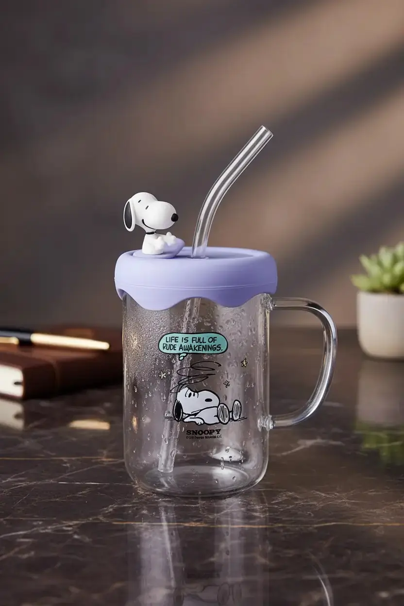 Snoopy Lisanslı Vintage Koleksiyonu Silikon Kapaklı Borosilikat Bardak – Figürlü Cam Kupa 500 Ml