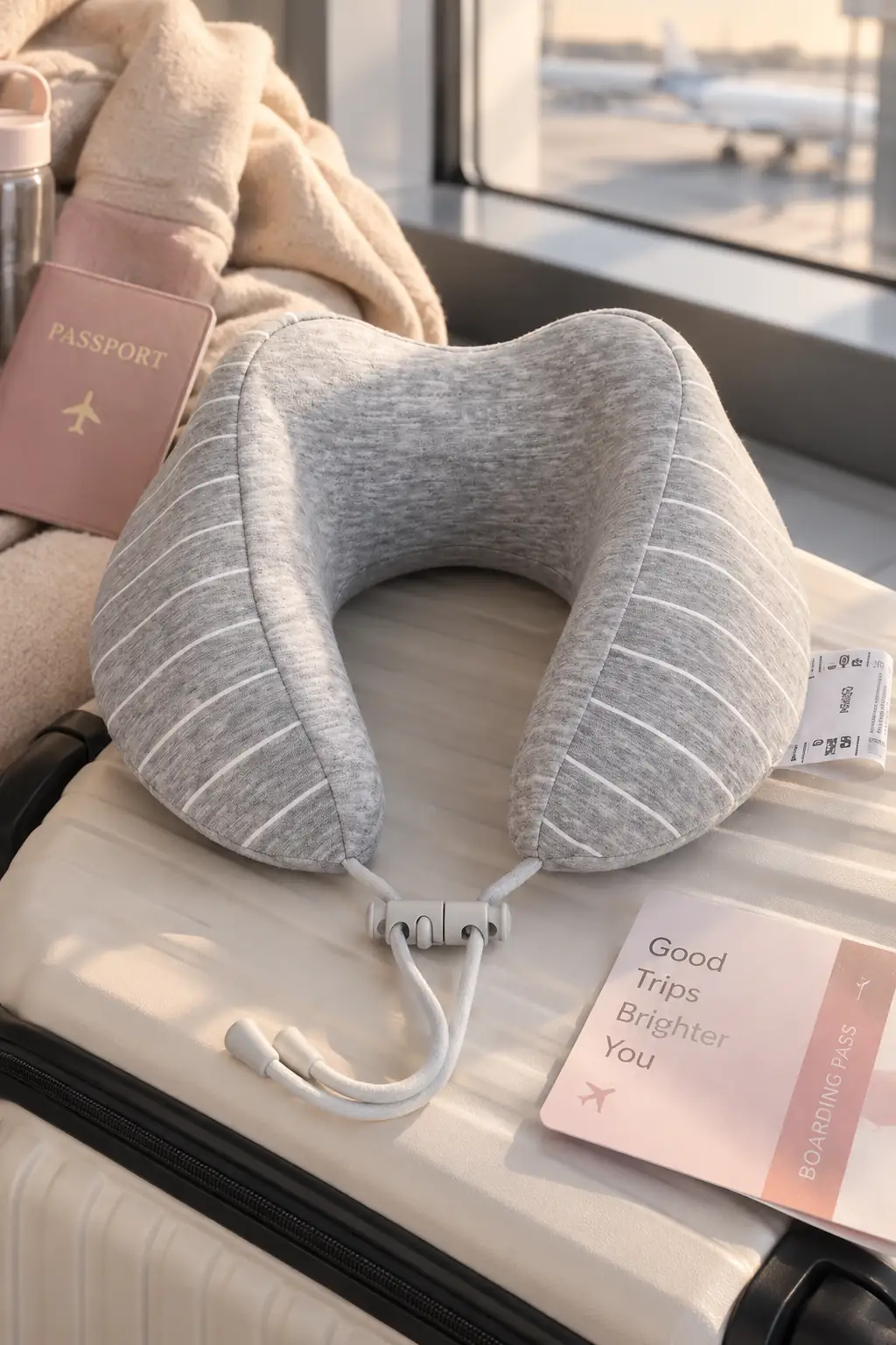 Miniso Lisanslı Çizgili Boyun Yastığı – Açık Gri Yumuşak Seyahat Yastığı