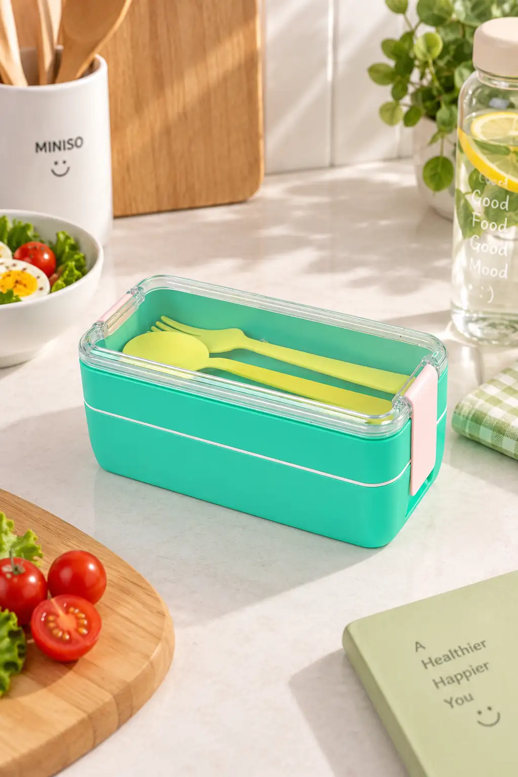 Miniso Lisanslı Çizgili Çift Katmanlı Beslenme Çantası Yeşil 750 Ml