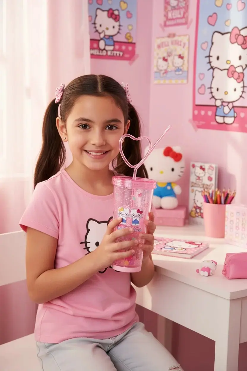 Sanrio Lisanslı Hello Kitty Tatlı Fabrikası Serisi Kalp Pipetli Çift Duvarlı Şişe 440 ml