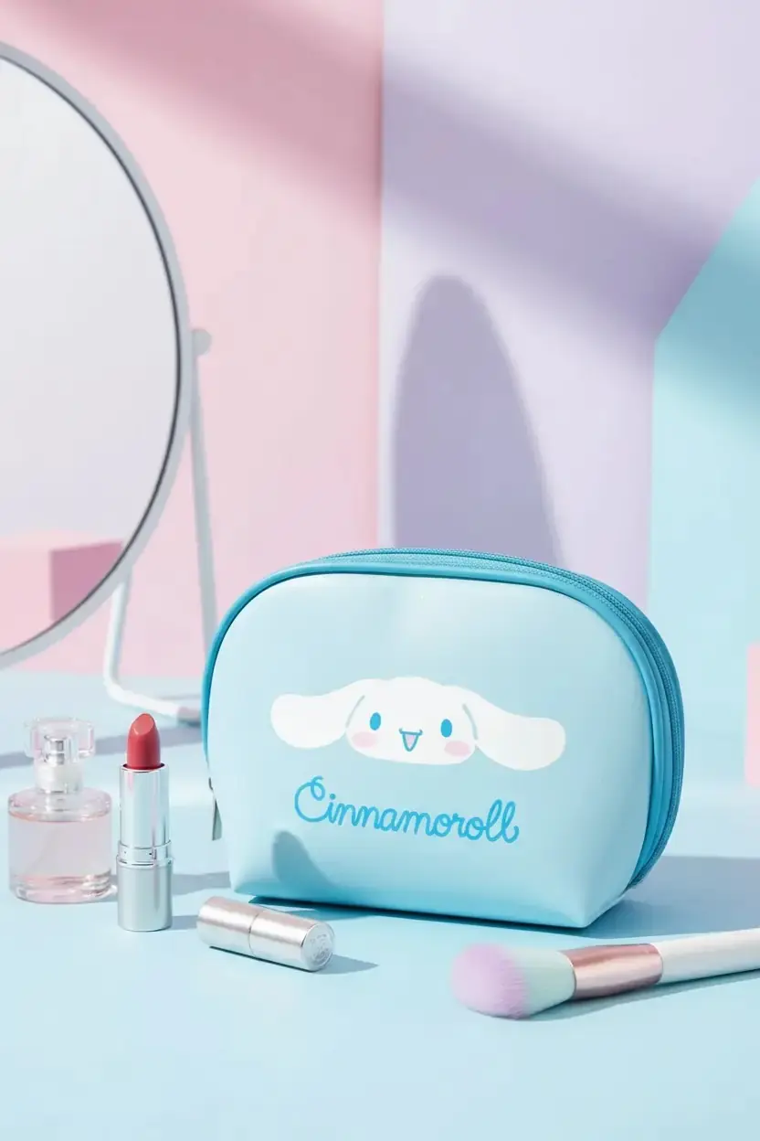 Cinnamoroll Lisanslı Kozmetik Çantası – Açık Mavi ve Kompakt