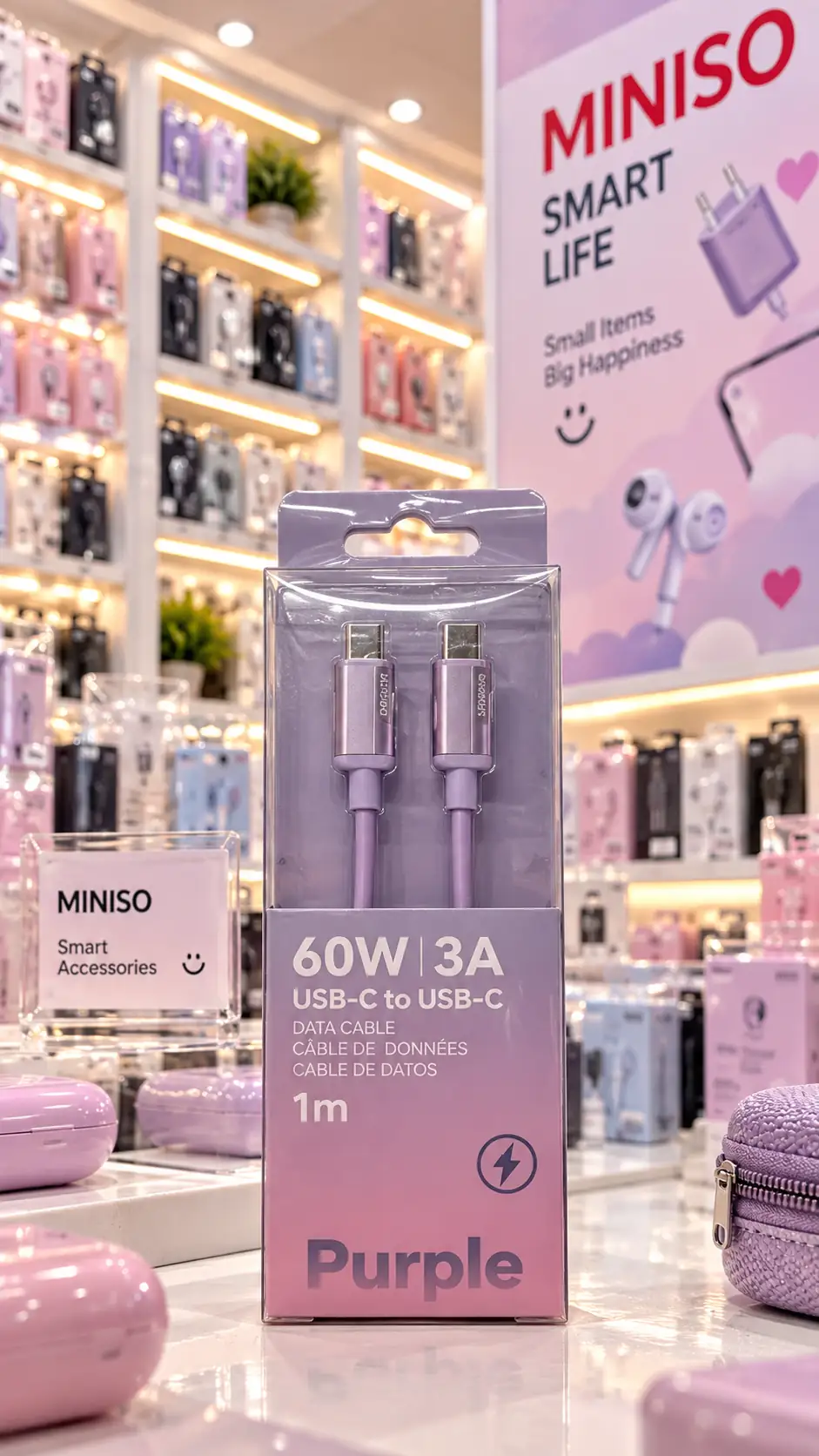 Miniso Lisanslı Macaron Serisi CTC Hızlı Şarj Veri Kablosu – 3A Mor
