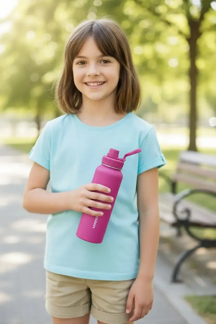 Miniso Lisanslı Klasik Tasarım Çelik Su Kabı – Sızdırmaz Kapaklı Ergonomik Tutacak Pembe 1400 ML