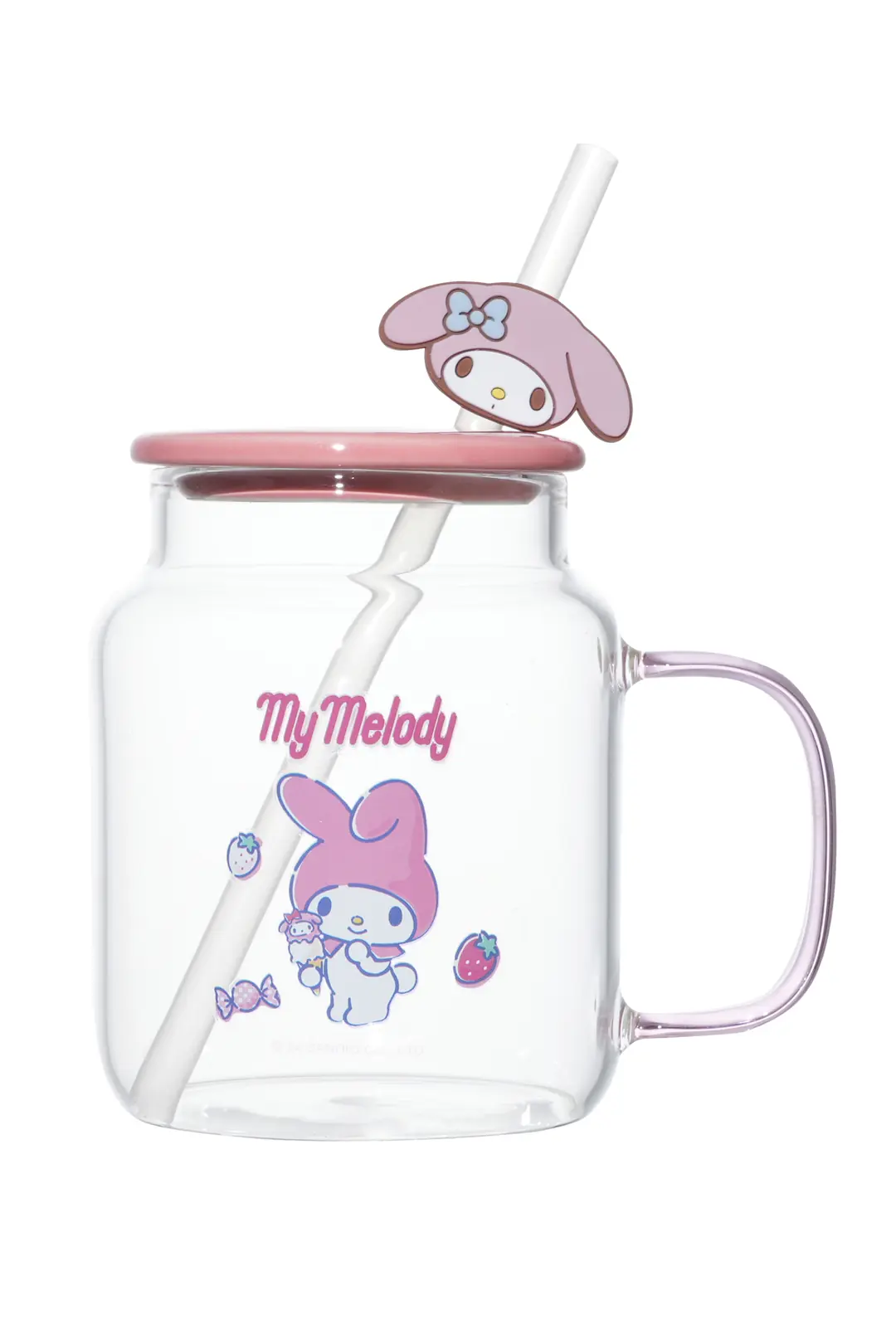 Sanrio Lisanslı My Melody Kapaklı ve Pipetli Cam Şişe – Figürlü Borosilikat Cam Kupa 450 Ml