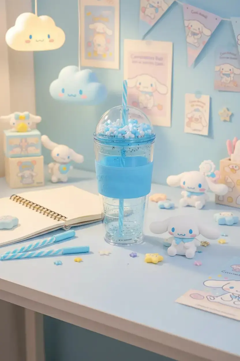 Sanrio Lisanslı Cinnamoroll Parti Serisi Pipetli Plastik Şişe – 600 ml Boncuklu Işıltılı Matara