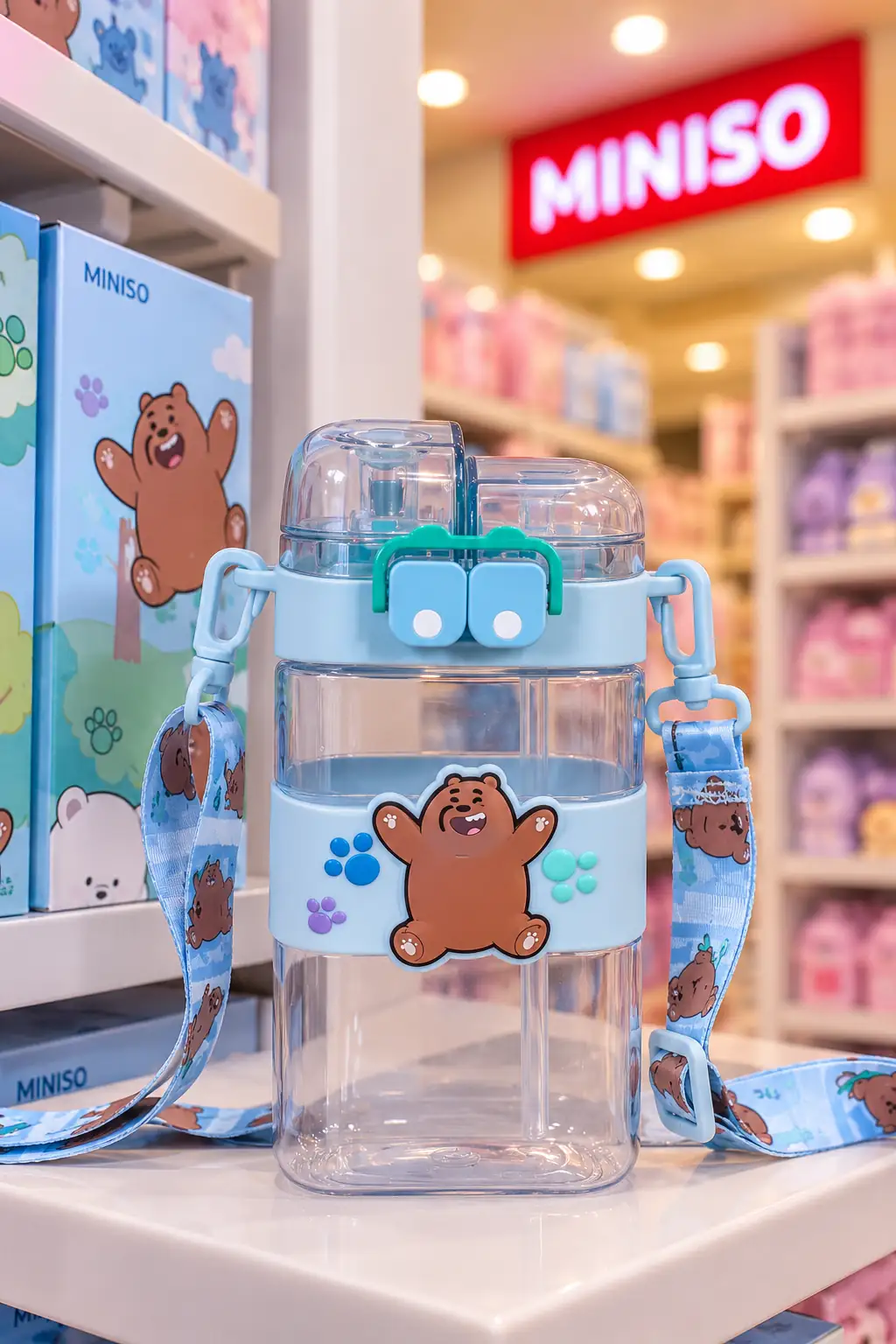 We Bare Bears Lisanslı Omuz Askılı Plastik Şişe 560ml - Grizzly Tasarımlı Neşeli İçecek Arkadaşı