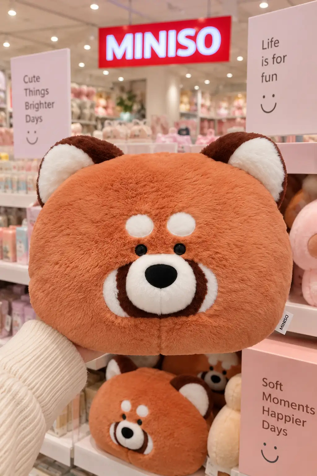 Miniso Lisanslı Gift Bear Chubby Kızıl Panda Yastık – Büyük Başlı 38 Cm
