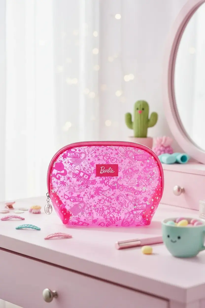 Barbie Lisanslı Yarı Saydam Makyaj Çantası – Gül Kırmızısı (20 Cm)