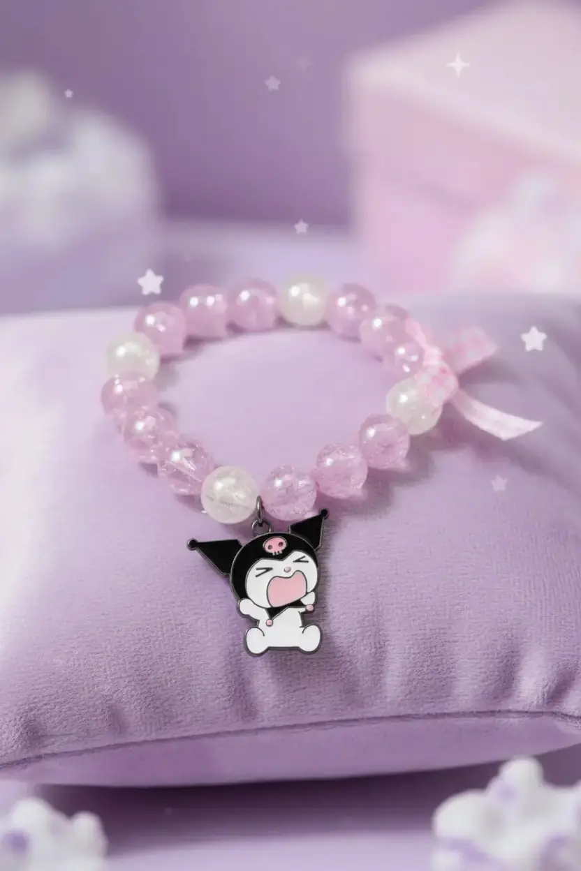 Sanrio Lisanslı Kuromi Boncuklu ve Fiyonk Detaylı Şık Saç Lastiği – Çocuk ve Genç Toka Aksesuarı