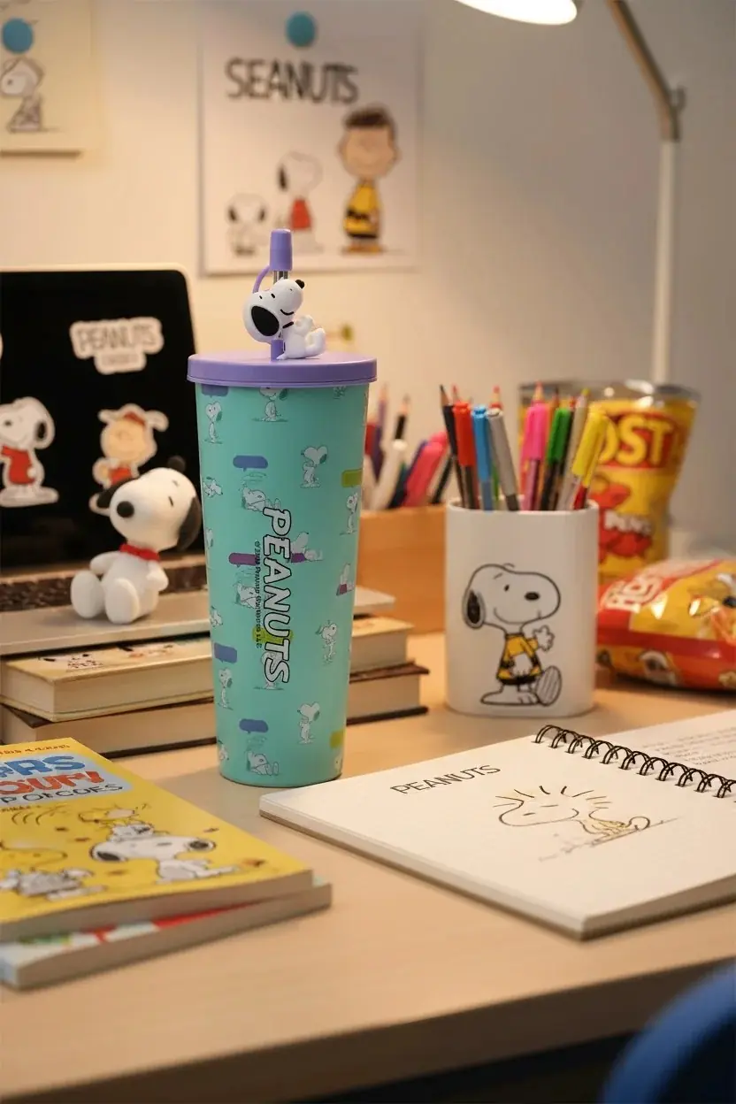 Snoopy Lisanslı Vintage Çift Cidarlı Pipetli Paslanmaz Çelik Matara 800 ML