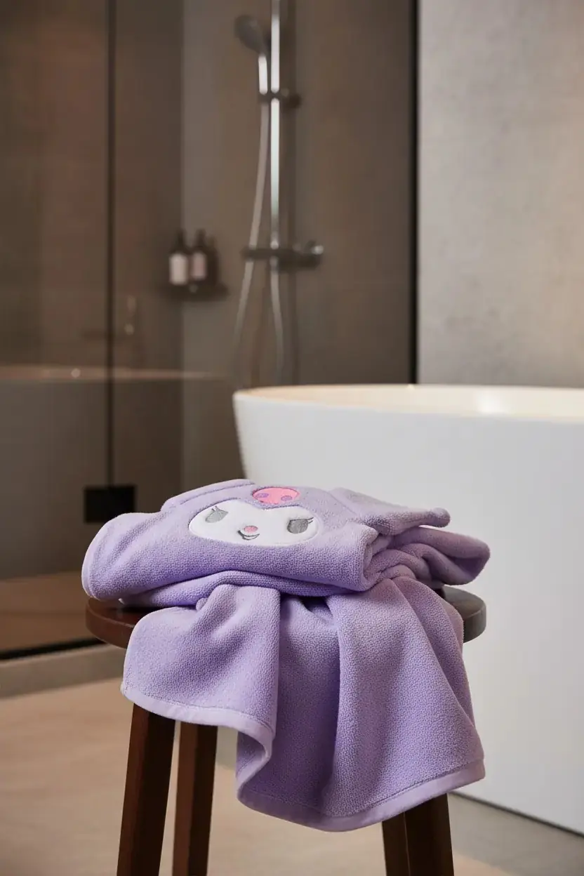 Kuromi Lisanslı Mercan Polar Emici Banyo Havlusu 140 x 70 cm – Mor Yumuşak Tasarım