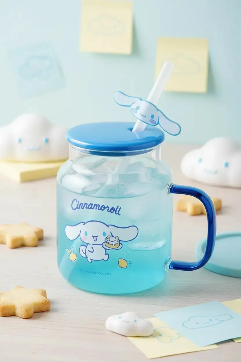 Sanrio Lisanslı Cinnamoroll Kapaklı ve Pipetli Cam Bardak – Figürlü Borosilikat Cam Kupa 450 Ml