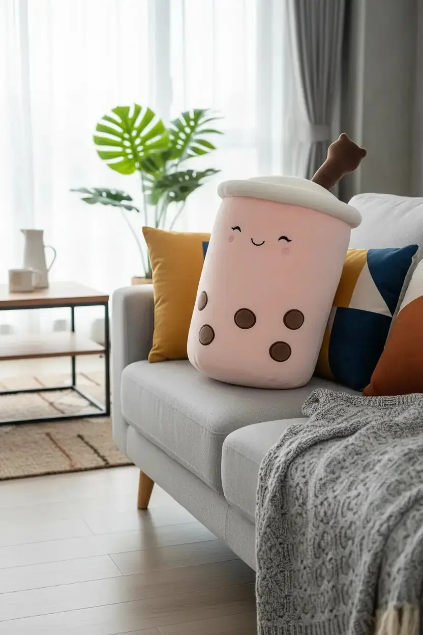 Miniso Lisanslı Sütlü Çay Peluş Yastık – Bubble Tea Tasarımlı Yumuşak Dekoratif Yastık Pembe 39 Cm
