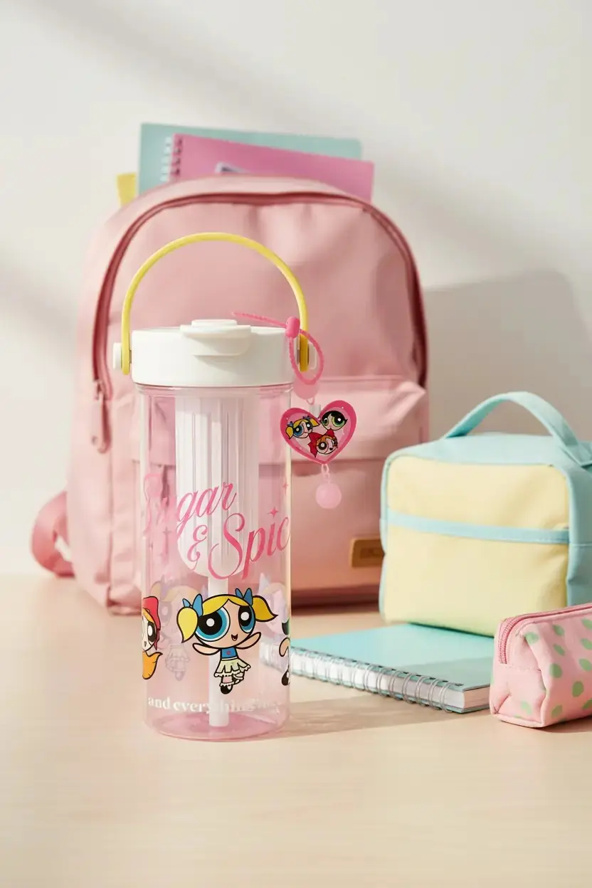 The Powerpuff Girls Lisanslı Saplı Çift İçimli Plastik Matara 20,8 Cm – Eğlenceli Tasarım