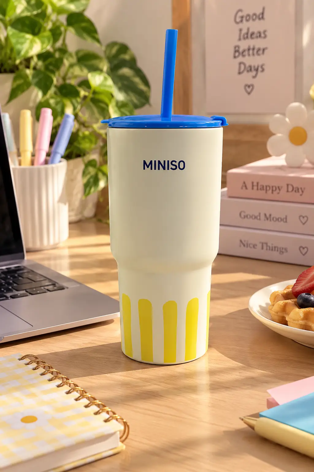 Miniso Lisanslı Çizgili Pipetli Çelik Matara – Sızdırmaz