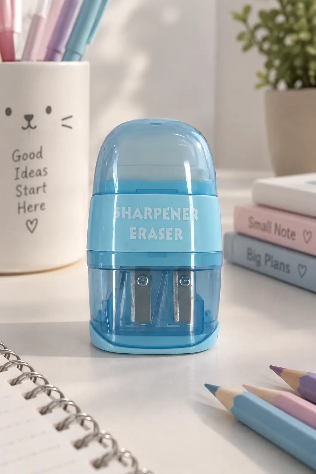 Miniso Lisanslı Basic Serisi Silgili Çift Delikli Şeffaf Kalemtıraş – Mavi