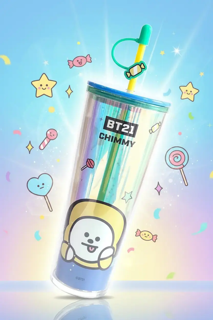 BT21 Lisanslı Holografik Tasarımlı Çift Cidarlı Pipetli Şişe Chimmy 800 ml
