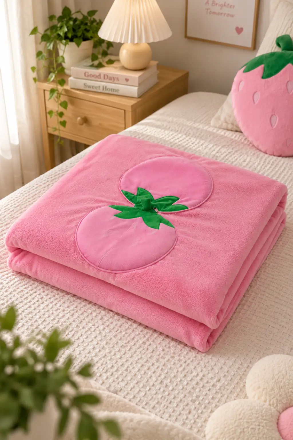 Miniso Lisanslı Çilek Serisi Pembe Battaniye – 150 cm Yumuşak Koltuk Yatak Örtüsü