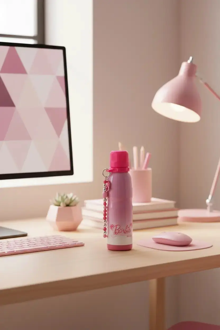 Barbie Lisanslı 304 Paslanmaz Çelik Termos – Boncuklu Zincir Süslemeli ve Pipetli İkonik Pembe Sızdırmaz Termos 600 ML