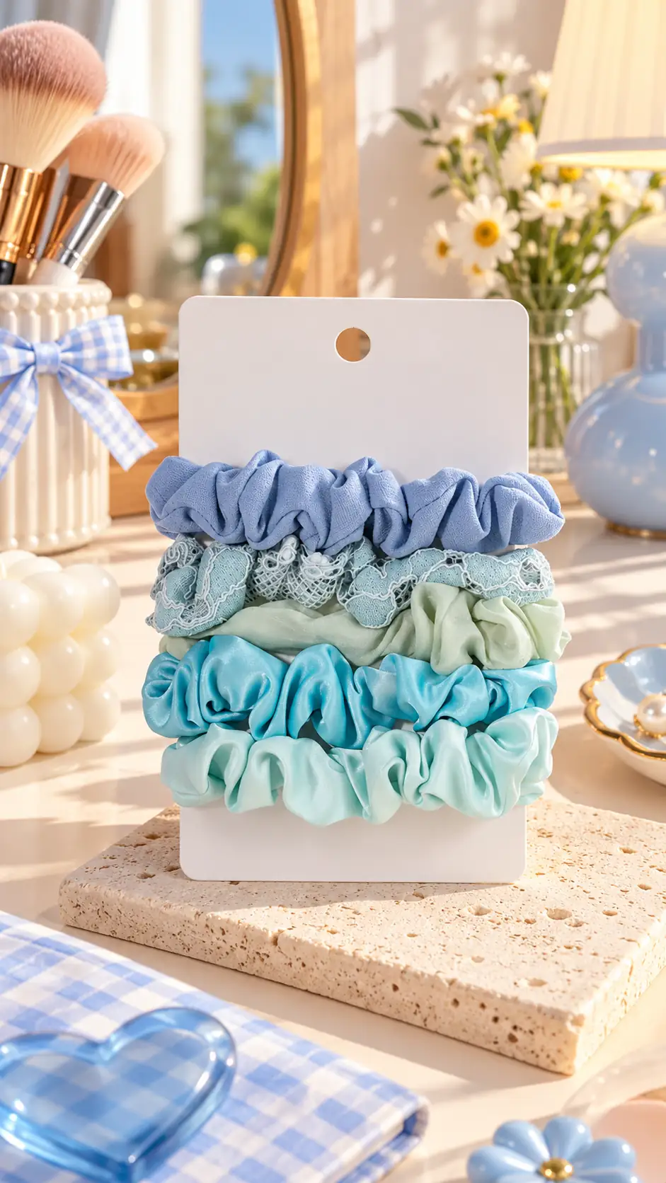 Miniso Lisanslı 5'li Kumaş Saç Lastiği Seti – Mavi Tonları Yumuşak Tasarım
