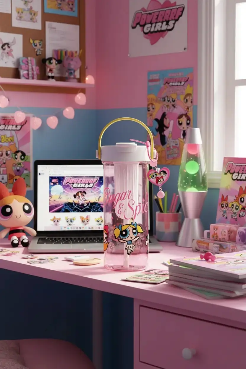 The Powerpuff Girls Lisanslı Saplı Çift İçimli Plastik Matara 20,8 Cm – Eğlenceli Tasarım