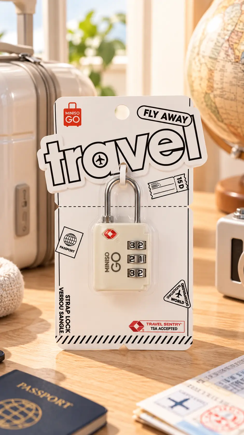 Miniso Lisanslı Go Serisi TSA Kilidi – 3 Haneli Şifreli Bej Seyahat Kilidi