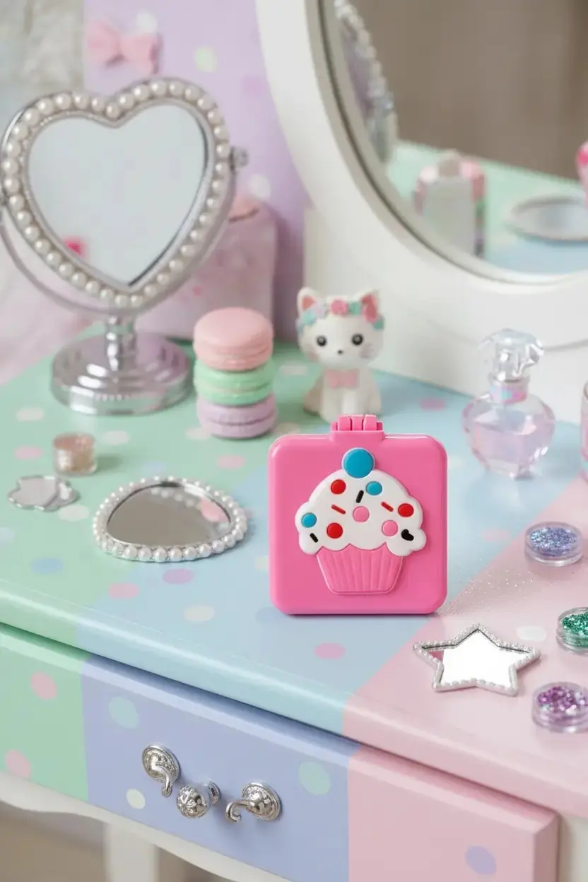 Aynalı Seyahat Saç Fırçası – Cupcake Figürlü Katlanabilir Tarak