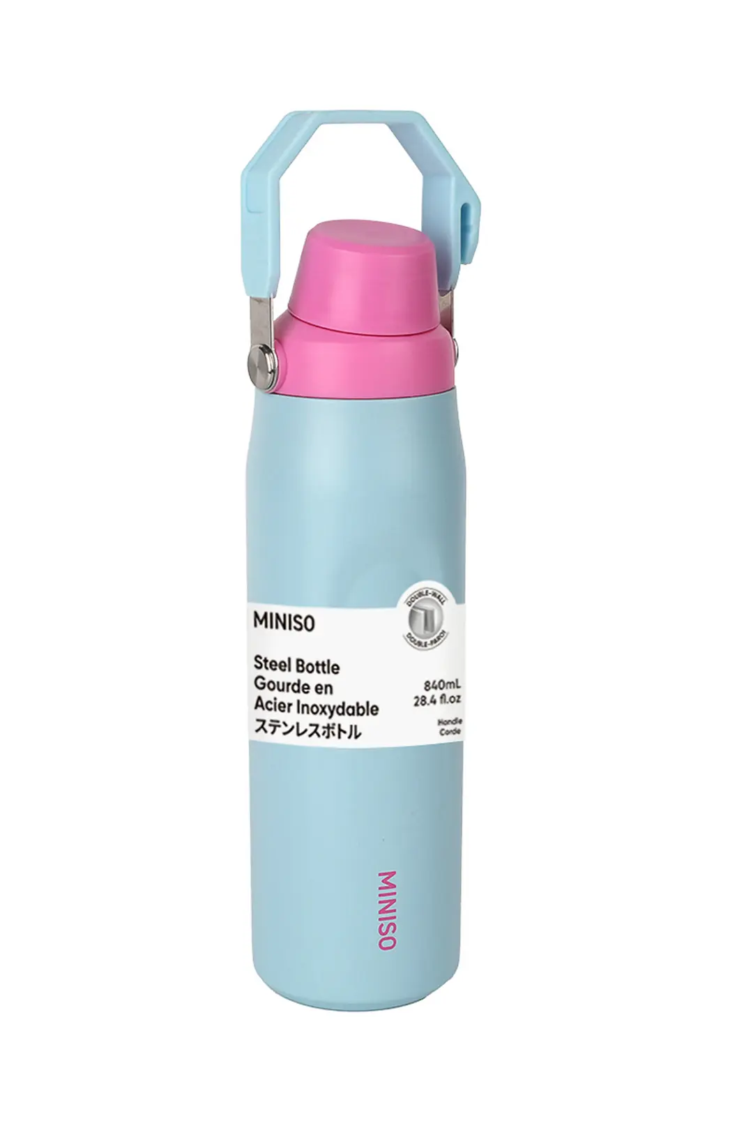 Miniso Lisanslı Saplı Paslanmaz Çelik Şişe 840 mL – Çift Katmanlı Açık Mavi